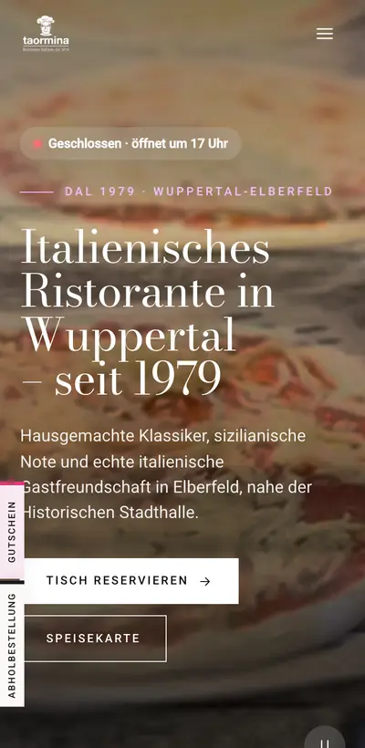 Nouvelle page d’accueil de taormina.de sur smartphone : vidéo, statut d’ouverture, titre « Italienisches Ristorante in Wuppertal – seit 1979 » et les boutons « Tisch reservieren » et carte.