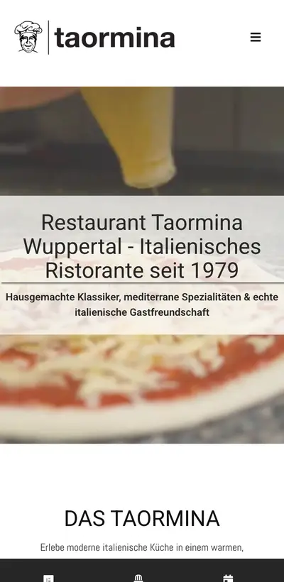 Ancienne page d’accueil de taormina.de sur smartphone : logo, vidéo de pizza, titre « Restaurant Taormina Wuppertal – Italienisches Ristorante seit 1979 » et une barre avec carte, réservation et événements.